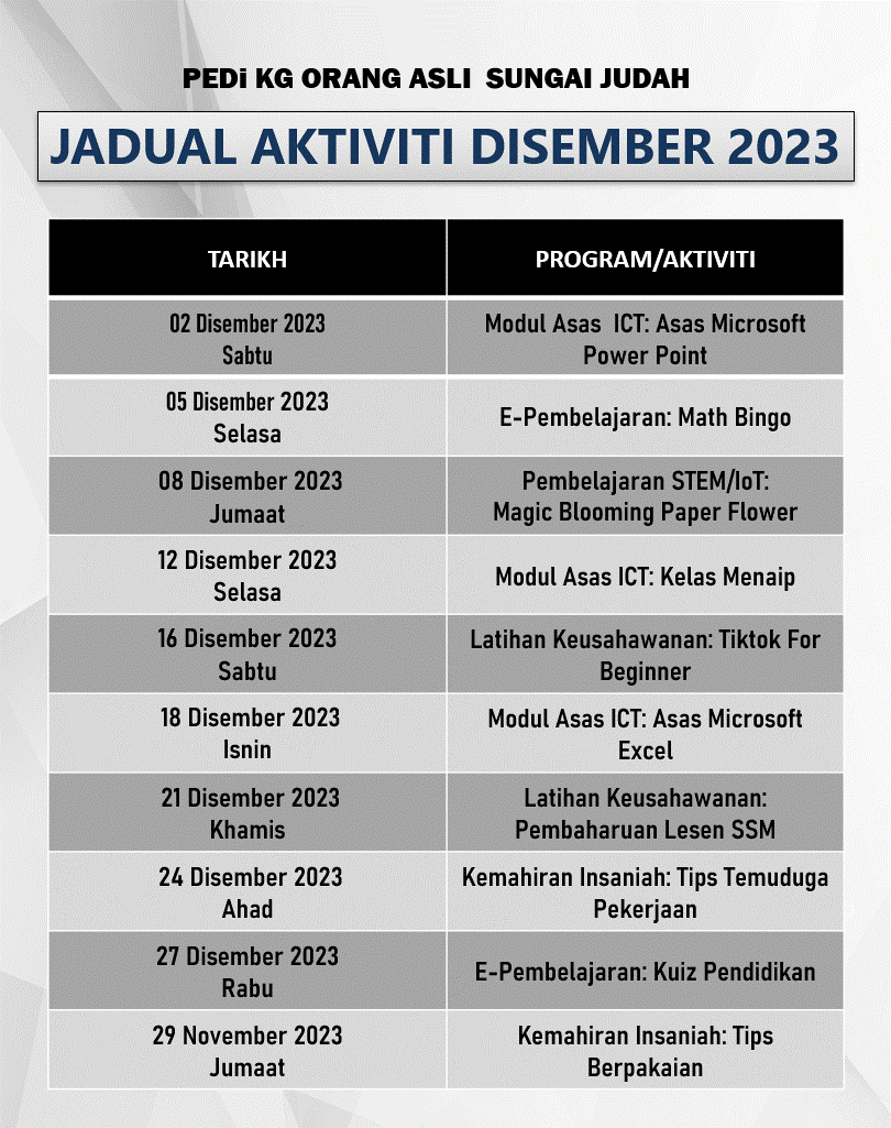 Jadual aktiviti 2023 Dis