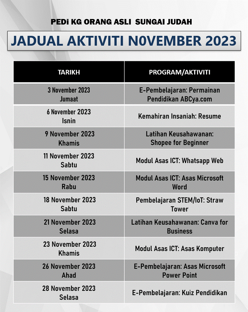 Jadual aktiviti 2023 Nov