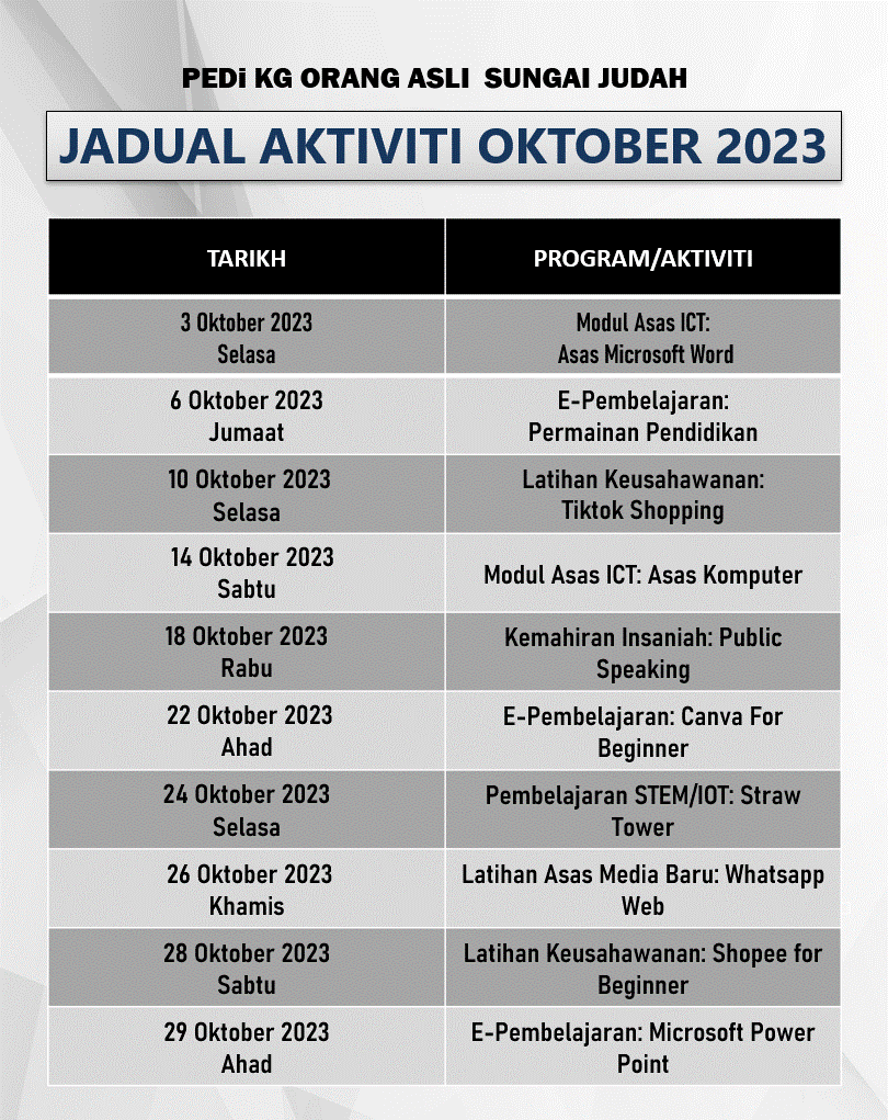 Jadual aktiviti 2023 Okt