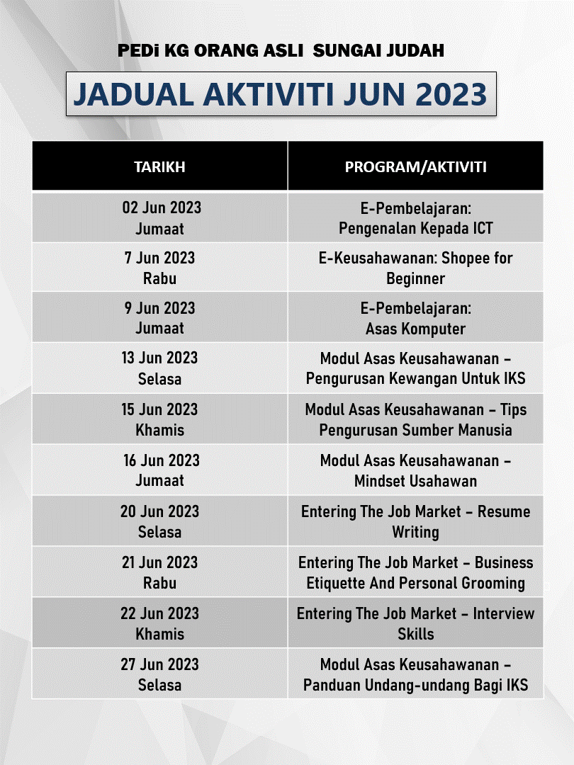 Jadual aktiviti 2023 jun