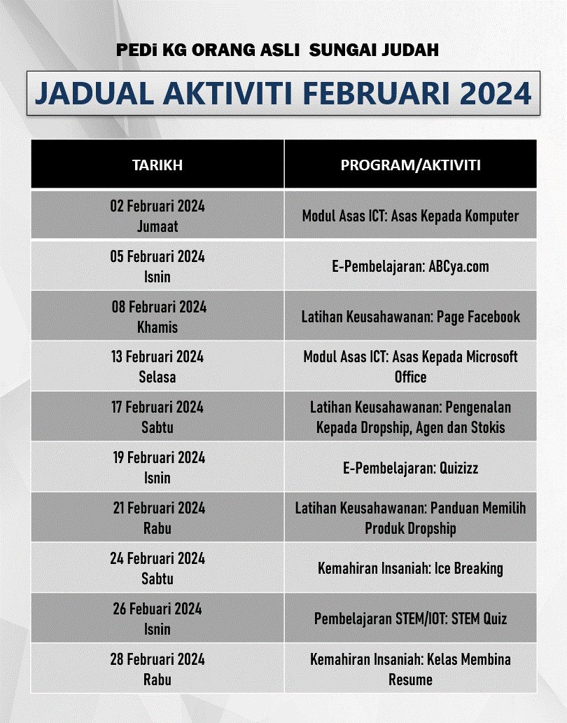 Jadual aktiviti 2024 Feb