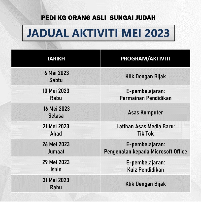 Jadual aktiviti mei 2023